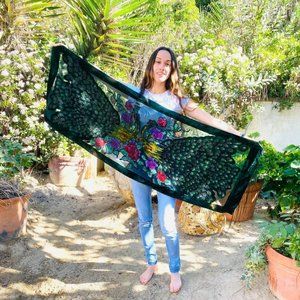 Green Velvet Scarf, Peacock Scarf, Semi Sheer, Burn out, Flowers, Birds,…